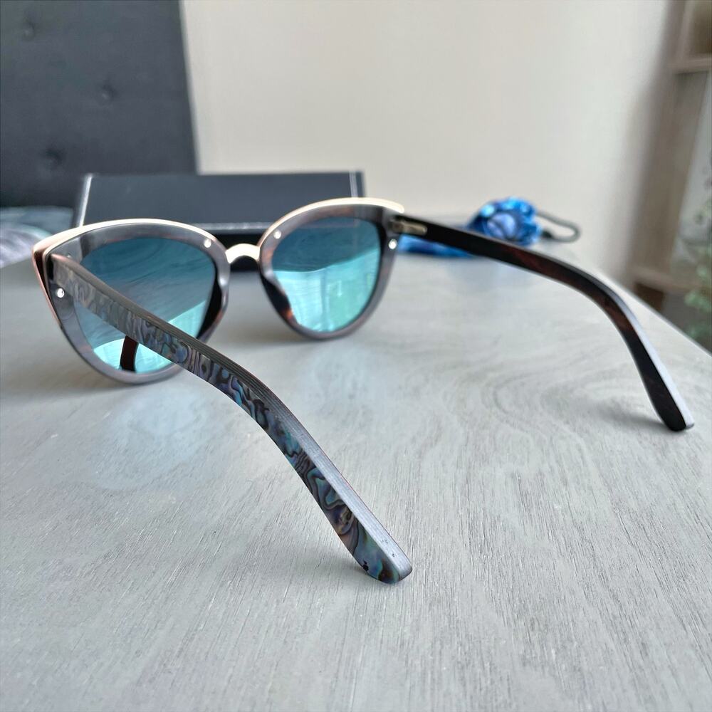 SLYK SHADES Bombshell Abalone & Wood Sunglasses Ice Blue Mirror Polarized Lenses - Picture 5 of 11